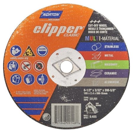 NORTON CLIPPER Clipper Classic AC AOSC Series Cutoff Wheel, 612 in Dia, 332 in Thick, 58 in Arbor 70184609146